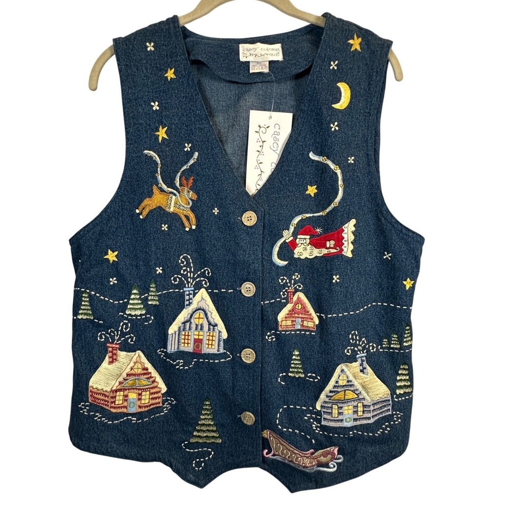 Casey Coleman Christmas Denim Vest M/L Embroidered Santa Reindeer Village Blue